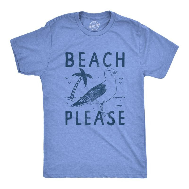 Mens Beach Please T Shirt Funny Sarcastic Tropical Seagull Graphic Novelty Tee For Guys Mens Funny T Shirts Cool Tees Soft Stylish Casual Menswear Funny Summer Short Sleeve Novelty Tees for Guys Light Blue