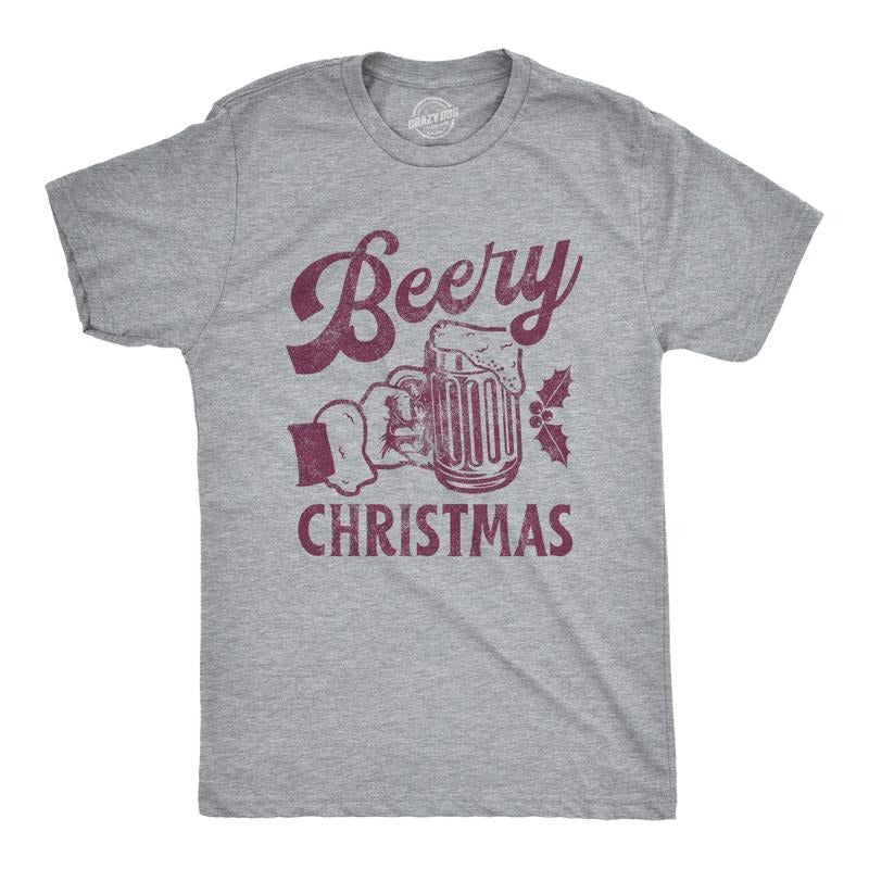 Mens Beery Christmas T Shirt Funny Holiday Xmas Beer Brew Graphic Tee Mens Funny T Shirts Cool Tees Soft Stylish Casual Menswear Christmas Apparel for Men Funny Beer Short Sleeve Novelty Tees for Guys Light Grey