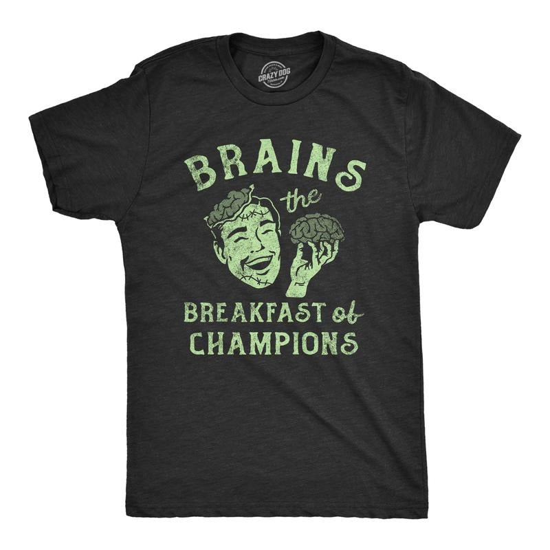 Mens Brains The Breakfast Of Champions T Shirt Funny Halloween Zombie Joke Tee For Guys Mens Funny T Shirts Cool Tees Soft Stylish Casual Menswear Halloween Apparel for Men Funny Food Short Sleeve Black -