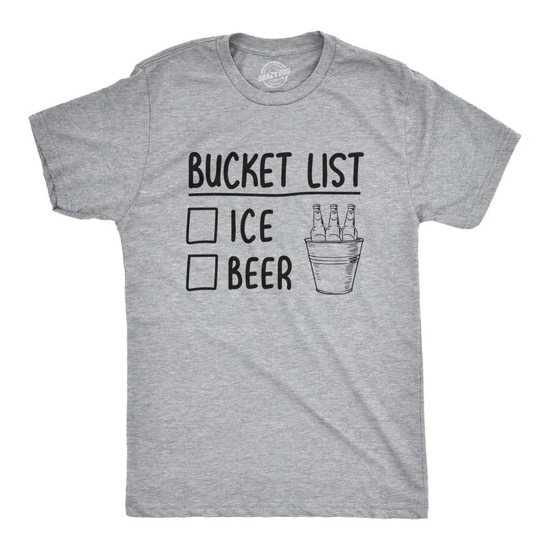 Mens Bucket List Ice Beer T shirt Funny Drinking Lover Novelty Cool Graphic Tee Mens Funny T Shirts Cool Tees Soft Stylish Casual Light Grey