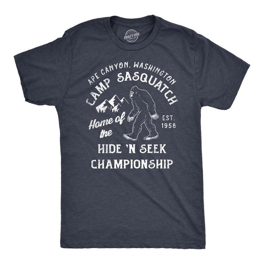 Mens Camp Sasquatch Home Of The Hide And Seek Championship T Shirt Funny Bigfoot Joke Tee For Guys Mens Funny T Shirts Cool Tees Soft Stylish Casual Menswear Funny Sarcastic Short Sleeve Novelty Tees Navy -