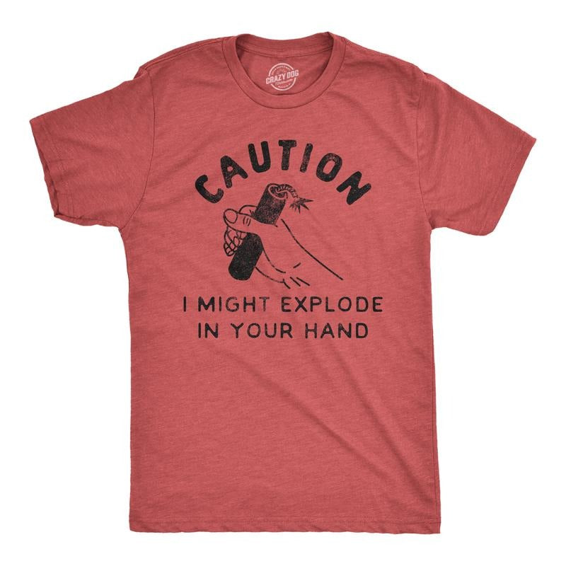 Mens Caution I Might Explode In Your Hand T Shirt Funny 4th Of July Firework Graphic Novelty Tee Mens Funny T Shirts Cool Tees Soft Stylish Casual Menswear Patriotic Apparel for Men Novelty Tees for Red