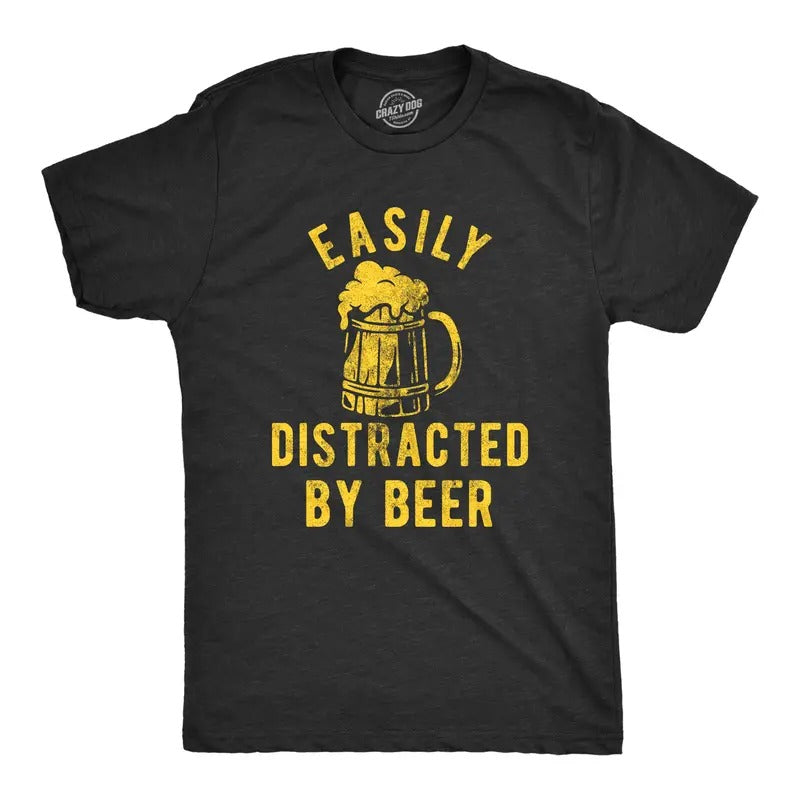 Mens Easily Distracted By Beer T Shirt Funny Drinking Graphic Novelty Tee for Guys Mens Funny T Shirts Cool Tees Soft Stylish Casual Menswear Funny Beer Short Sleeve Novelty Tees for Guys Black