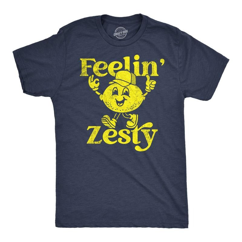 Mens Feelin Zesty Funny T Shirt Sarcastic Lemon Graphic Novelty Tee for Men Mens Funny T Shirts Cool Tees Soft Stylish Casual Menswear Navy -