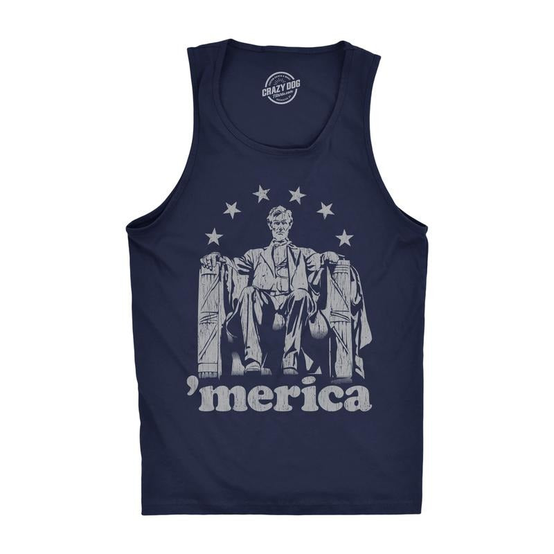 Mens Fitness Tank Abe Lincoln 'Merica Tanktop Funny 4th of July USA Patriotic Graphic Novelty Shirt Funny Workout Shirt for Men with Plus Sizes Patriotic Tank Top for Men Funny Political Sleeveless Navy