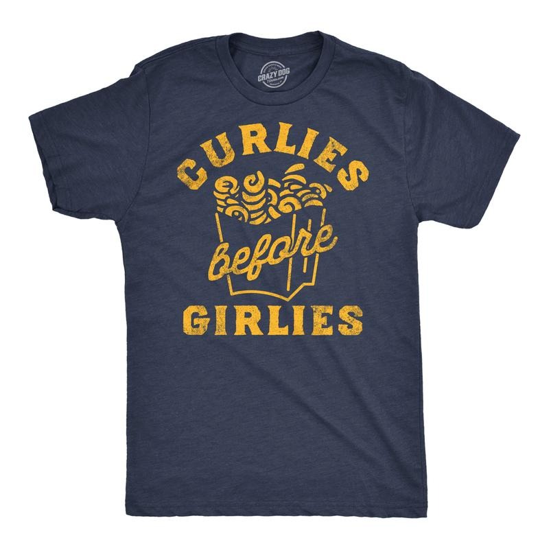 Mens Funny T Shirts Curlies Before Girlies Sarcastic Curly Fries Graphic Tee For Men Mens Funny T Shirts Cool Tees Soft Stylish Casual Menswear Sarcastic Apparel for Men Funny Food Short Sleeve Navy -
