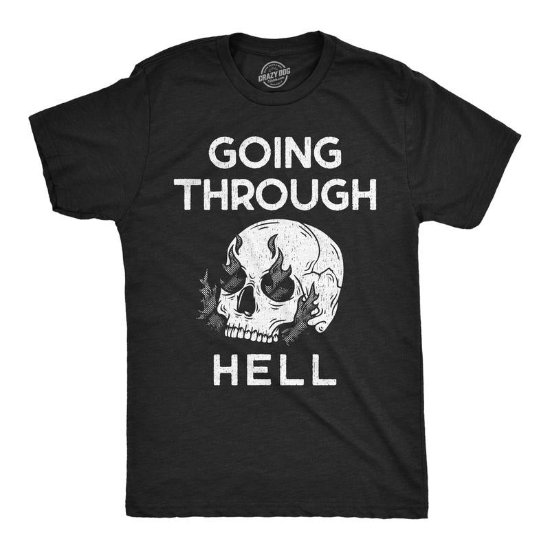Mens Funny T Shirts Going Through Hell Sarcastic Skull Graphic Novelty Tee For Men Mens Funny T Shirts Cool Tees Soft Stylish Casual Menswear Funny Sarcastic Short Sleeve Novelty Tees for Guys Black -