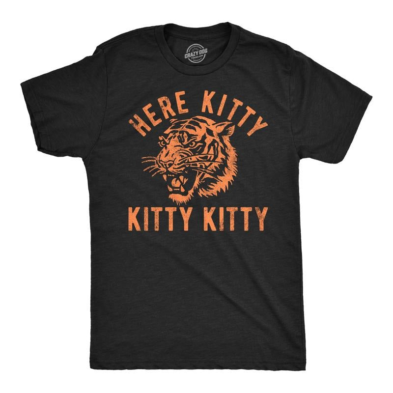 Mens Funny T Shirts Here Kitty Kitty Kitty Sarcastic Tiger Graphic Tee for Men Mens Funny T Shirts Cool Tees Soft Stylish Casual Black -