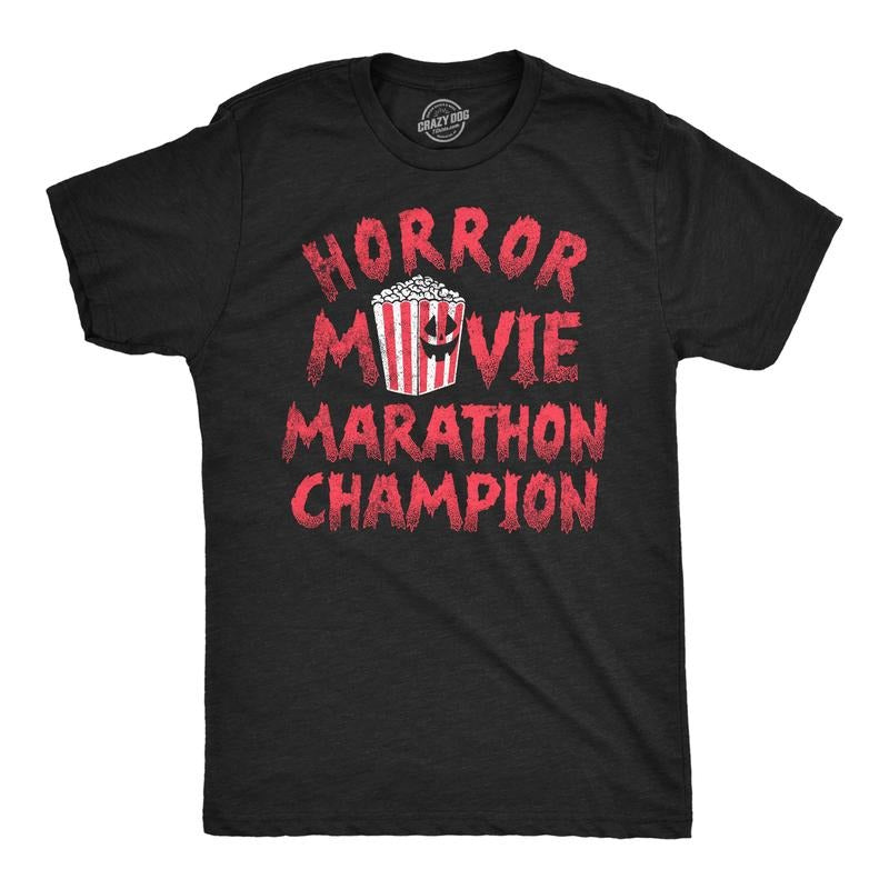 Mens Funny T Shirts Horror Movie Marathon Champion Sarcastic Halloween Tee For Men Mens Funny T Shirts Cool Tees Soft Stylish Casual Menswear Halloween Apparel for Men Funny Movie Short Sleeve Novelty Black -