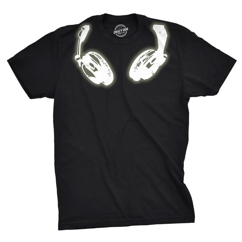 Mens Glow In the Dark Headphones T shirt Cool Music Lover DJ Funny Graphic Tee Mens Funny T Shirts Cool Tees Soft Stylish Casual Menswear Halloween Apparel for Men Funny Music Short Sleeve Novelty Black