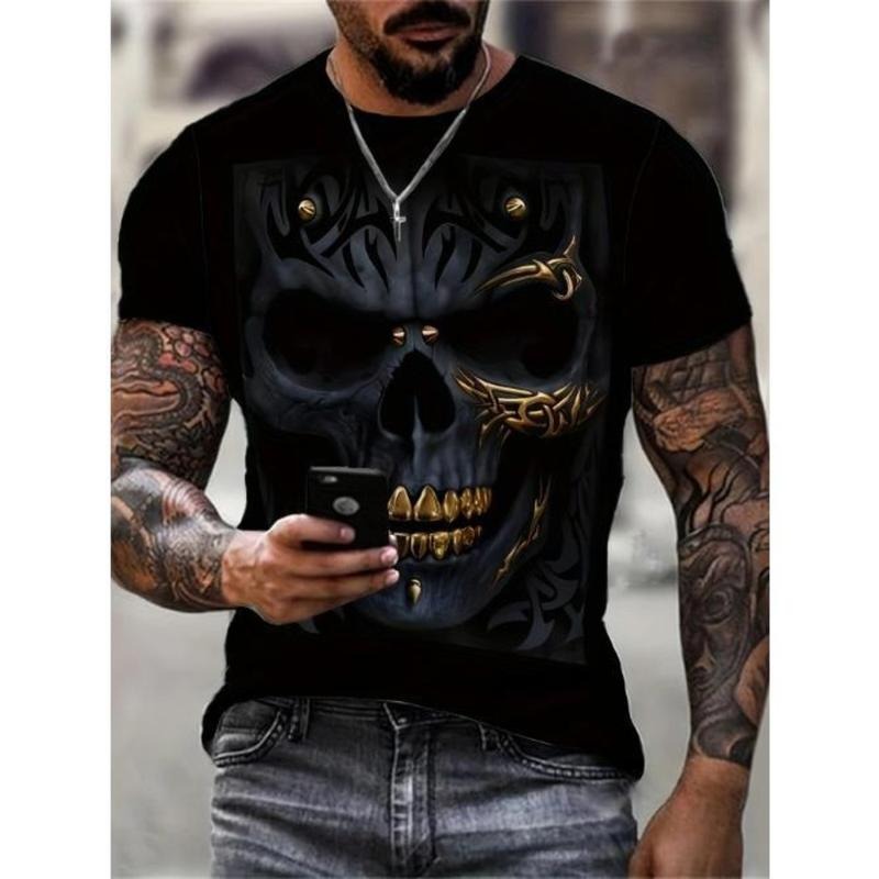 Mens Graphic Skull Print Crew Neck Short Sleeve T-Shirt - Soft Slight Stretch Polyester Blend Fabric, Breathable Mesh Panels, Casual Regular Fit for Outdoor Activities - All-Season Wear Made in USA