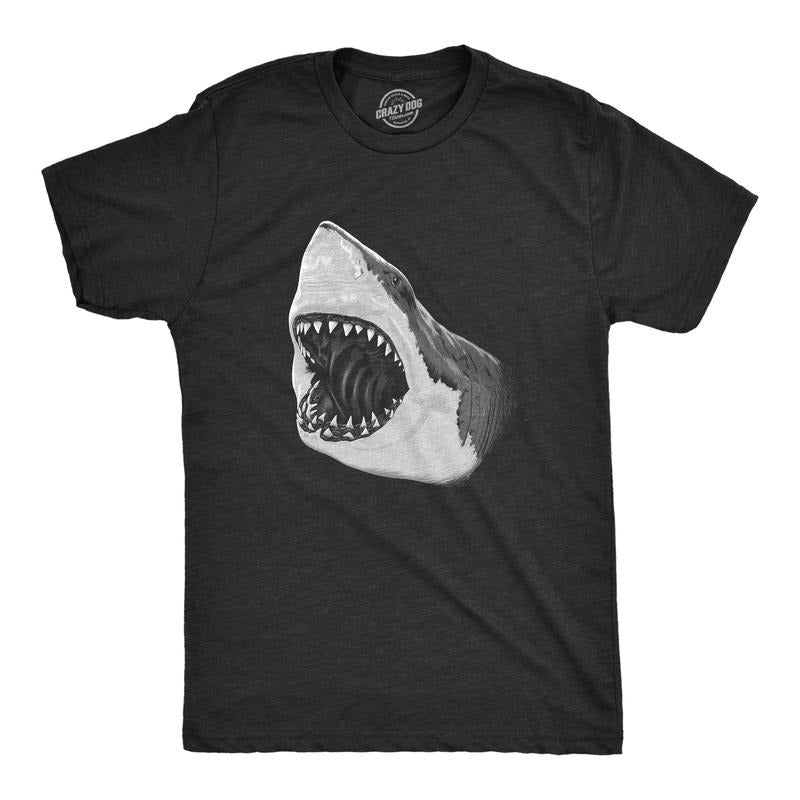 Mens Great White Shark T shirt Pearly Teeth Jaws Attacking Cool Graphic Tee Mens Funny T Shirts Cool Tees Soft Stylish Casual Menswear Shark Apparel for Men Novelty Tees for Guys Black -