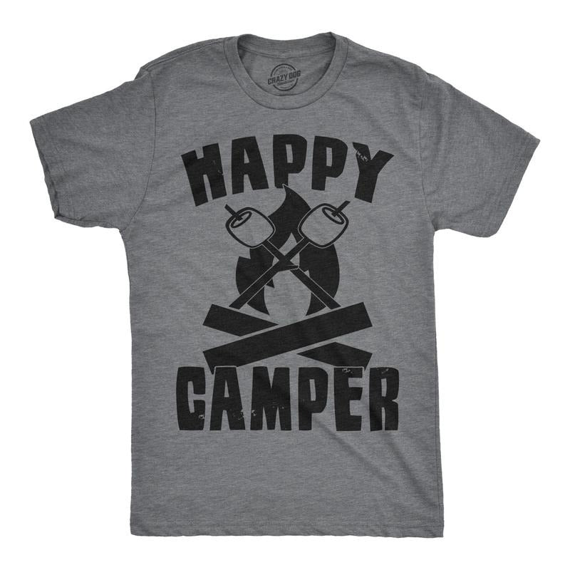 Mens Happy Camper Shirt Funny Camping Cool Hiking Graphic Vintage Tee 80s Saying Mens Funny T Shirts Cool Tees Soft Stylish Casual