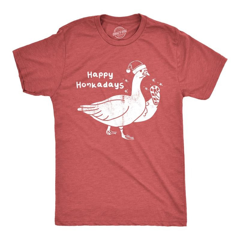Mens Happy Honkadays T Shirt Funny Xmas Party Goose Joke Tee for Guys Mens Funny T Shirts Cool Tees Soft Stylish Casual Menswear Christmas Apparel for Men Funny Animal Short Sleeve Novelty Tees for Red -