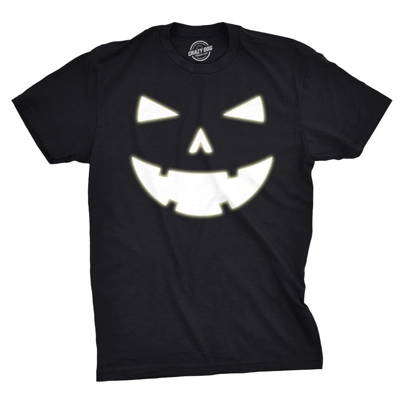 Mens Happy Tooth Glowing Pumpkin Face Glow In The Dark Halloween Tee Mens Funny T Shirts Cool Tees Soft Stylish Casual Menswear Halloween Apparel for Men Novelty Tees for Guys Black - 3XL