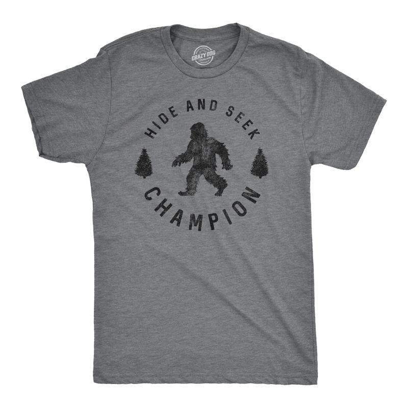 Mens Hide and Seek Champion T shirt Funny Bigfoot Tee Humor Cool Graphic Print Mens Funny T Shirts Cool Tees Soft Stylish Casual Dark Grey