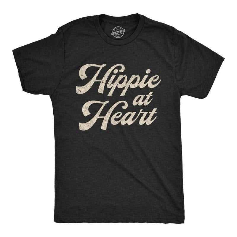 Mens Hippie At Heart Tshirt Funny Flower Child 70s Groovy Graphic Tee