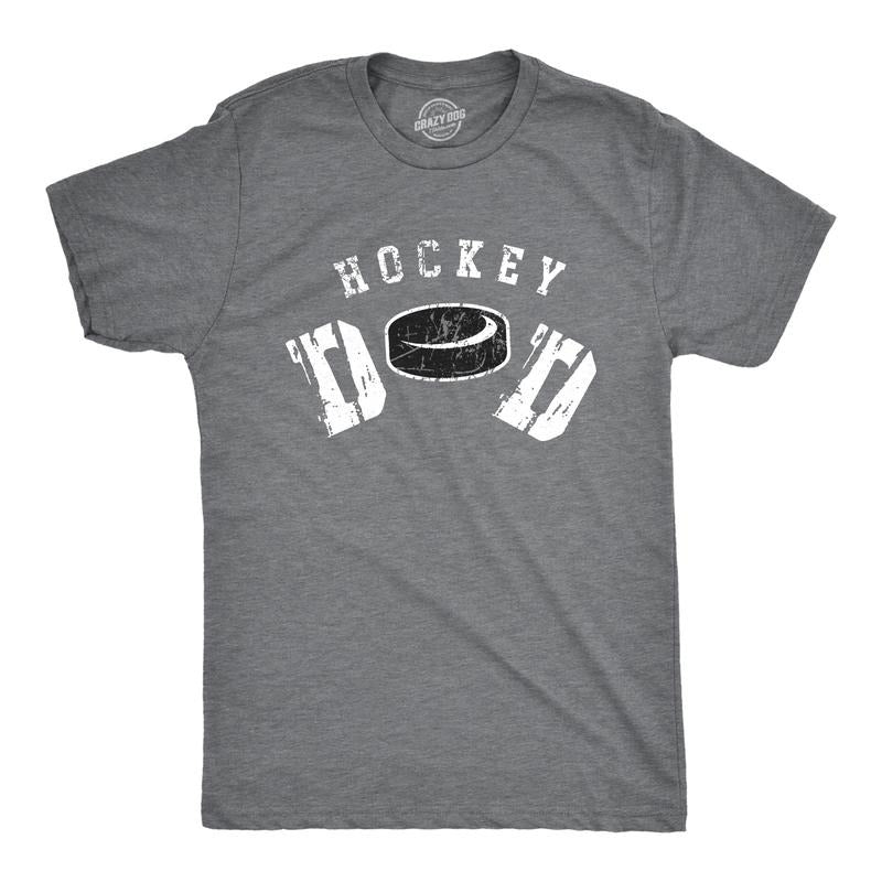 Mens Hockey Dad T Shirt Funny Cool Ice Hockey Fathers Day Gift Puck Graphic Tee for Guys Mens Funny T Shirts Cool Tees Soft Stylish Dark Grey