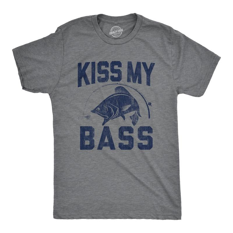 Mens Kiss My Bass T Shirt Funny Fishing Humor Kiss My Ass Graphic Tee Mens Funny T Shirts Cool Tees Soft Stylish Casual Menswear Funny Adult Humor Apparel for Men Funny Fishing Short Sleeve Novelty Dark Grey