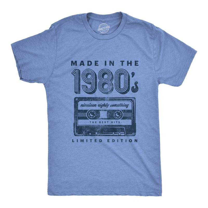 Mens Made In The 1980s T Shirt Funny Retro Cassette Tape Music Graphic Tee Mens Funny T Shirts Cool Tees Soft Stylish Casual Menswear Light Blue