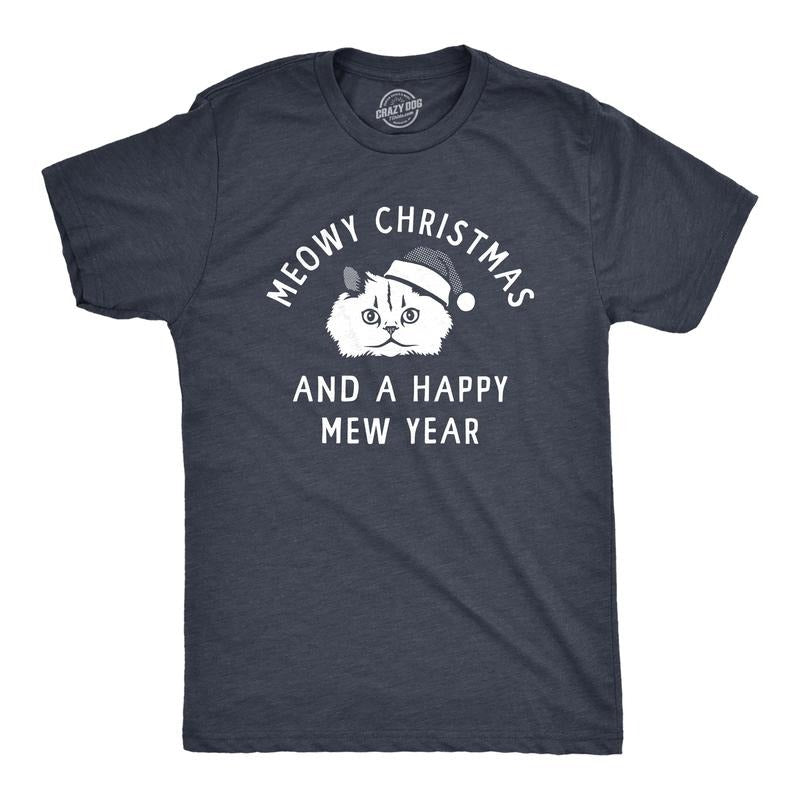 Mens Meowy Christmas And A Happy Mew Year T Shirt Funny Xmas Kitten Lovers Tee For Guys Mens Funny T Shirts Cool Tees Soft Stylish Casual Menswear Christmas Apparel for Men Funny Cat Short Sleeve Navy -