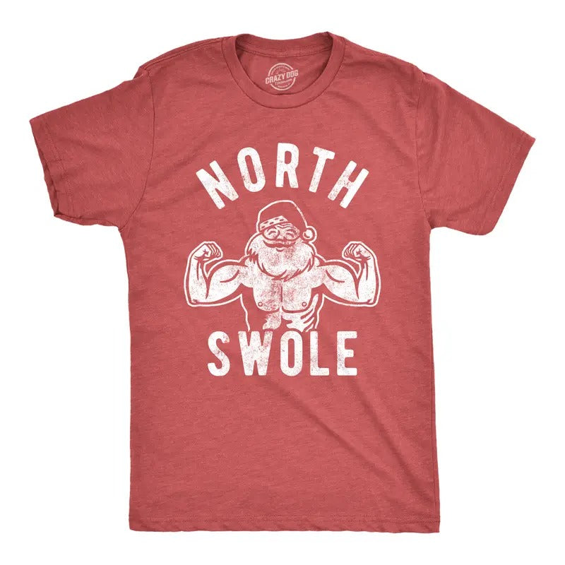 Mens North Swole T Shirt Funny Workout Santa Christmas Graphic Novelty Fitness Tee Mens Funny T Shirts Cool Tees Soft Stylish Casual Menswear Christmas Apparel for Men Funny Fitness Short Sleeve Red -