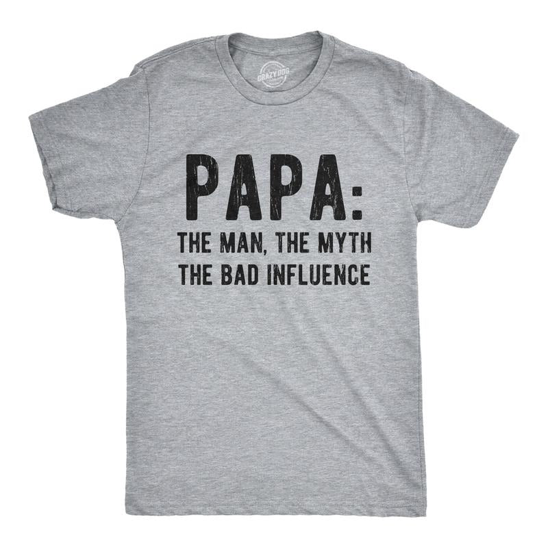 Mens Papa The Man The Myth The Bad Influence T Shirt Funny Fathers Day Grandpa Graphic Tee Mens Funny T Shirts Cool Tees Soft Stylish Casual Menswear Dad Joke Apparel for Men Funny Grandpa Short Light Grey