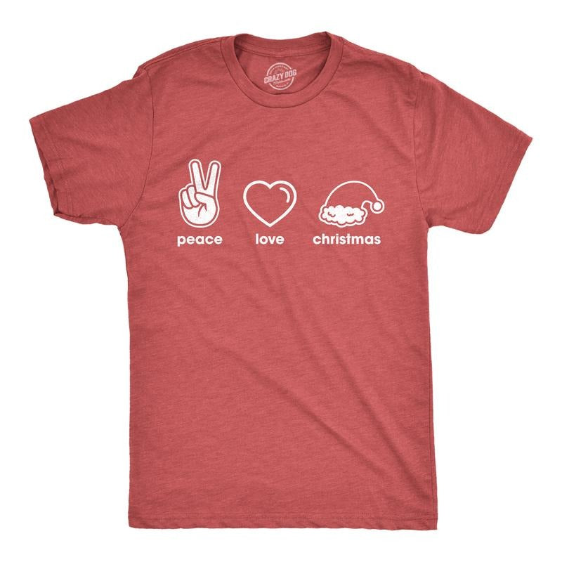 Mens Peace Love Christmas T Shirt Funny Holiday Xmas Party Graphic Novelty Tee Mens Funny T Shirts Cool Tees Soft Stylish Casual Menswear Christmas Apparel for Men Novelty Tees for Guys Red