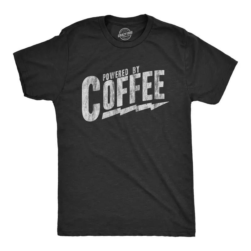 Mens Powered By Coffee T Shirt Funny Sarcastic Cool Saying Vintage Graphic Tee Mens Funny T Shirts Cool Tees Soft Stylish Casual Menswear Sarcastic Apparel for Men Funny Coffee Short Sleeve Novelty Black
