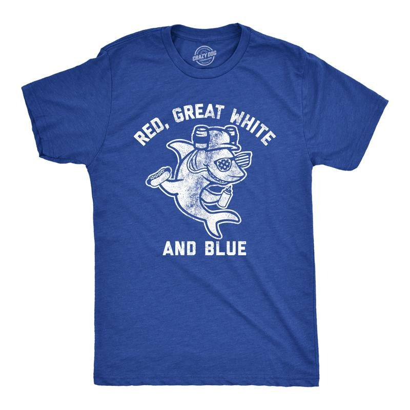 Mens Red Great White and Blue T Shirt Funny 4th Of July Shark USA Patriotic Graphic Tee Mens Funny T Shirts Cool Tees Soft Stylish Casual Menswear Patriotic Apparel for Men Funny Short Sleeve Novelty Royal