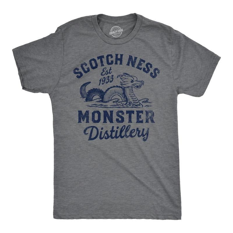 Mens Scotch Ness Monster Distillery Funny T Shirt Drinking Graphic Tee For Men Mens Funny T Shirts Cool Tees Soft Stylish Casual Menswear Sarcastic Apparel for Men Funny Liquor Short Sleeve Novelty Dark Grey