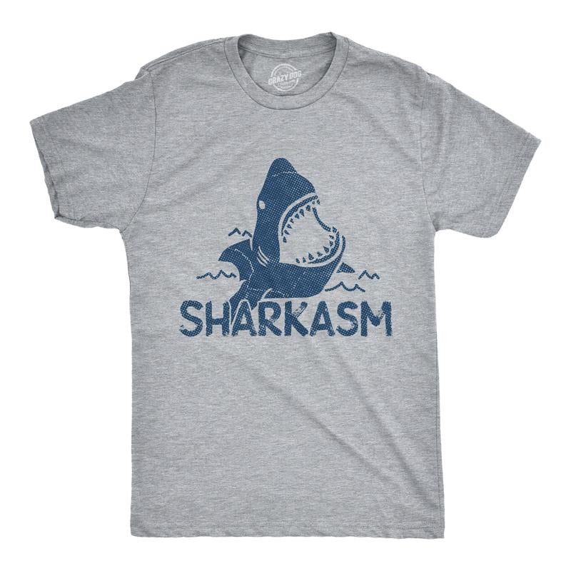 Mens Sharkasm T Shirt Funny Sarcastic Shark Summer Vacation Graphic Novelty Tee Mens Funny T Shirts Cool Tees Soft Stylish Casual Menswear Shark Apparel for Men Funny Sarcastic Short Sleeve Novelty Light Grey