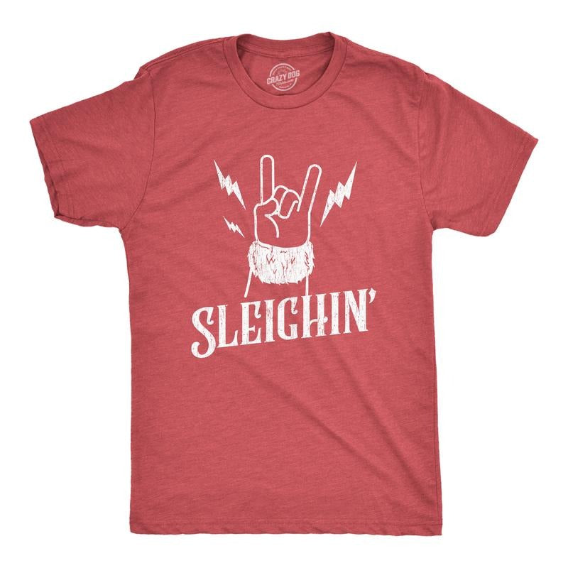 Mens Sleighin T Shirt Funny Santa Claus Christmas Rock And Roll Metal Fingers Graphic Tee Mens Funny T Shirts Cool Tees Soft Stylish Casual Menswear Christmas Apparel for Men Funny Music Short Sleeve Red