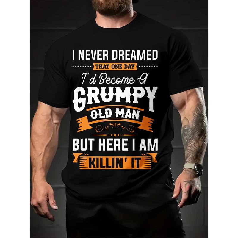 Mens Trendy Alphabet Print Crew Neck T-Shirt - Lightweight & Comfortable for Summer Casual Wear, Ideal for Daily & Vacation Outfits Made in USA