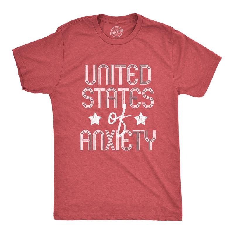 Mens United States Of Anxiety T shirt Funny USA Society Joke Graphic Tee Mens Funny T Shirts Cool Tees Soft Stylish Casual Menswear Patriotic Apparel for Men Funny Introvert Short Sleeve Novelty Tees Red