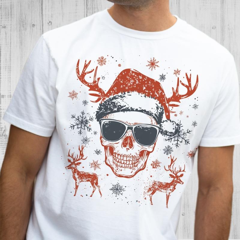 Mens Vintage Christmas Skull Tees Sunglasses Santa Skull Sweatshirt Mens Reindeer Skull Tshirts Christmas Rocker Top Boyfriend Christmas Tshirt Son Santa Skull Shirt