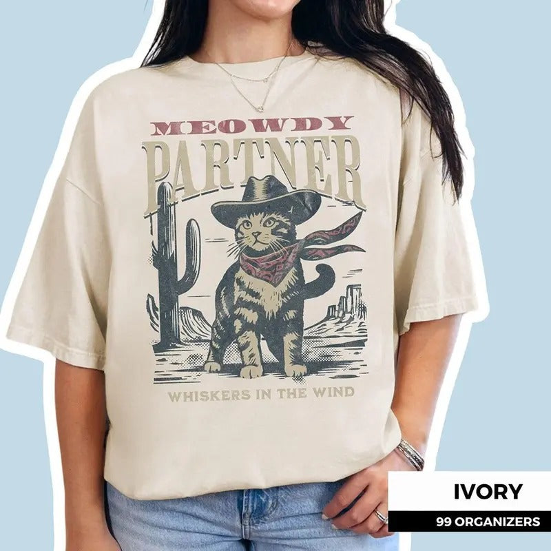 Meowdy Partner Cowboy Cat Shirt, Vintage Cowboy Cat Shirt, and Tank Top, Funny Cowboy Cat Crewneck