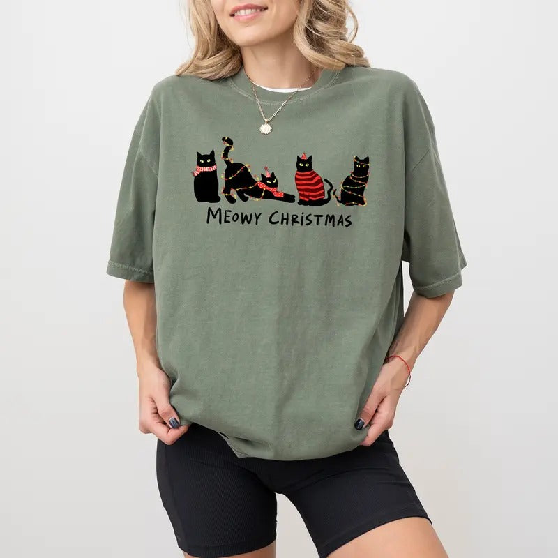 Meowy Christmas Comfort Colors Shirt, Cat Ladies Christmas Unhinged Tees, Christmas Black Cats Graphic T-shirt, Cat Mom Oversized Tee, ChicCotton Co