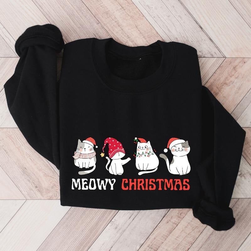 Meowy Christmas Sweatshirt, Cat Lover Sweater, New Year Party Sweatshirt, Christmas Cats Mom Gift Hoodie, Car Owner Long Sleeve.