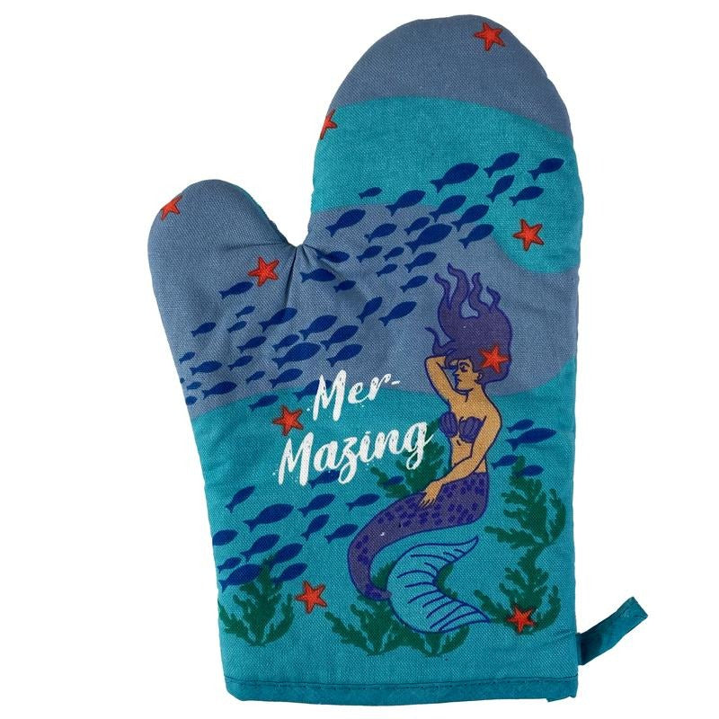 Mer-Mazing Oven Mitt Funny Mermaid Ocean Sea Mystical Kitchen Glove Funny Graphic Kitchenwear Funny Summer Novelty Cookware Blue
