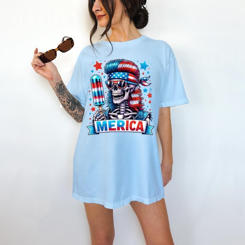 Merica' - T-Shirt, Funny Tee, Patriotic, Summer, Fourth of July, Skeleton,Bright Graphic, Funny Apparel, Gift Idea, Relaxed Fit, Casual Apparel, Cute Top, Great with Jeans, All Seasons, Fun Style, Comfortable Shirt