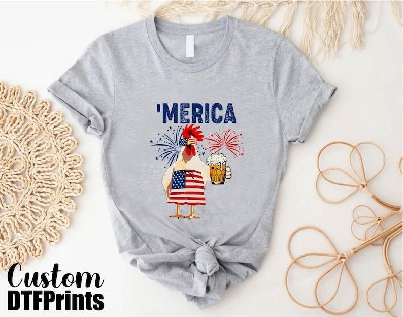 Merica Tshirt, 4th Of July Chicken Shirt, Patriotic Animals Shirt, Independence Day Celebration Gift Shirt For Beer Lover, Fire Works Shirt