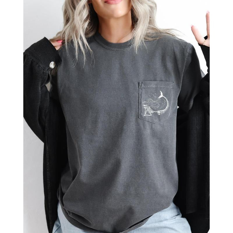 Mermaid Skeleton, Halloween Pocket Tee, Women's, Comfort Colors Tee, Spooky, Tshirt, Witch, Pumpkin, Ghost, Skeleton