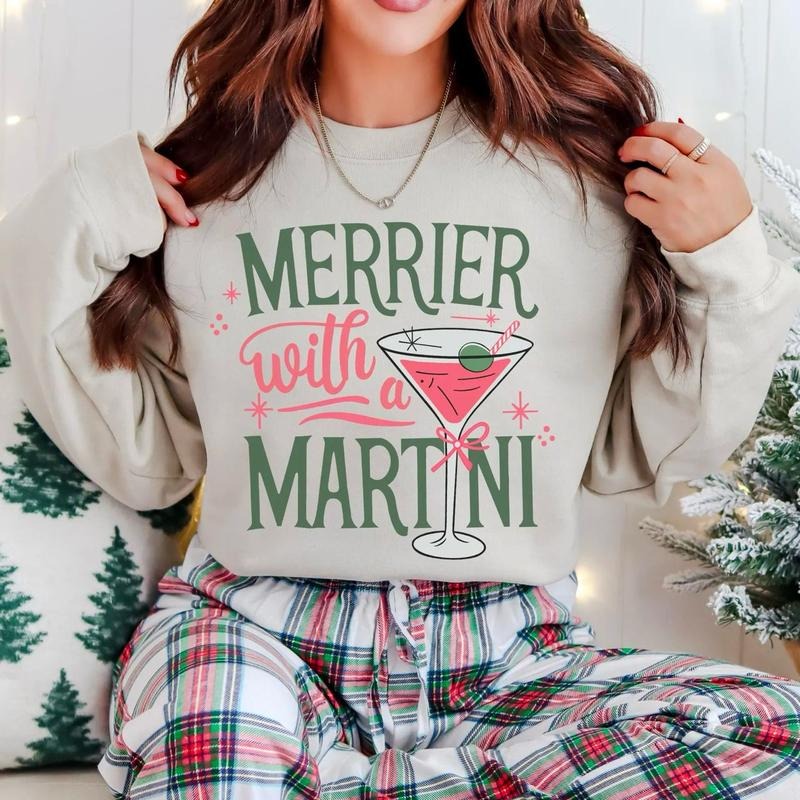 Merrier with a Martini Retro Christmas Sweatshirt, Funny Holiday Cocktail Shirt, Vintage Xmas Party Sweatshirt, Holiday Gift for Her, Retro Christmas Sweatshirt, Womens Christmas Shirt
