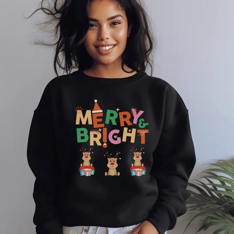 Merry & Bright Christmas Sweatshirt, Holiday Sweatshirt, Christmas Sweatshirt, Long Sleeve Crewneck Shirt, Christmas Gifts For Women, Christmas Vibes Shirt, Gifts For Secret Santa Christmas Fit Unisex Womenswear Comfortable