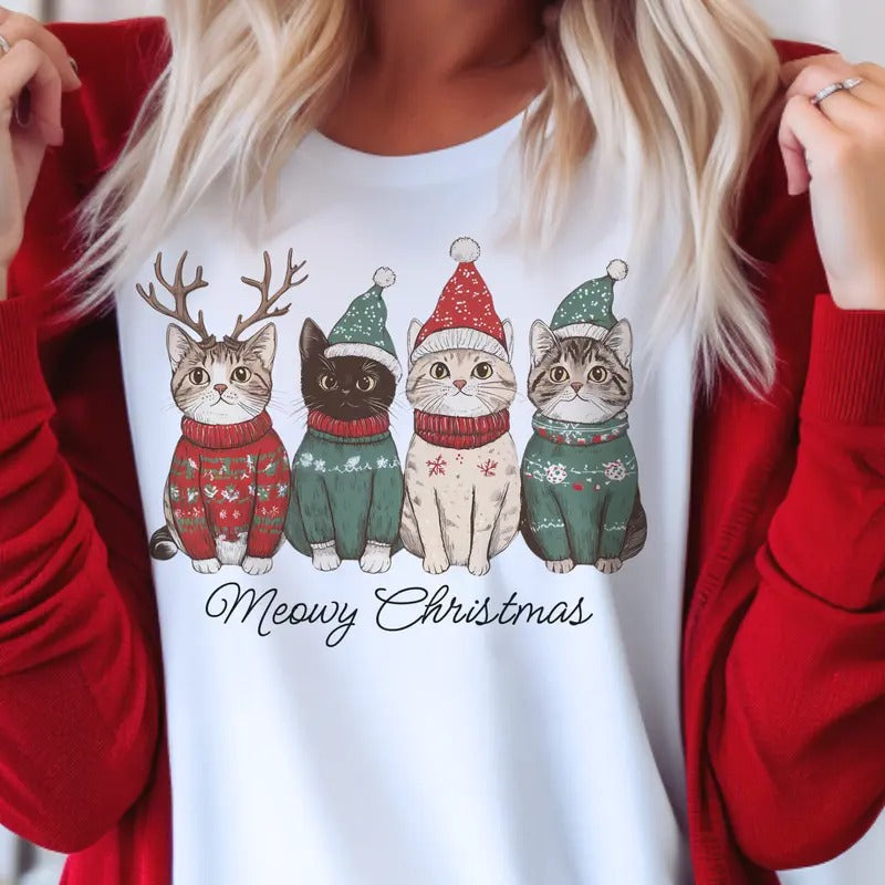 Merry Christmas Cat Holiday Tees for Women - Merry Christmas Cat Mom T-Shirt - Comfort, Womenswear Cad Dad Holiday Sweatshirts Kitten Christmas T-Shirts Crew Neck Holiday Pullovers