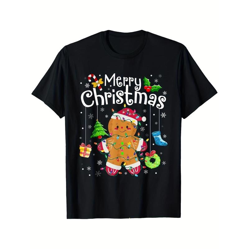 Merry Christmas Gingerbread for Man Graphic Tee - Men's Cotton Casual T-Shirt, Short Sleeve, Round Neck, Machine Washable made in usa