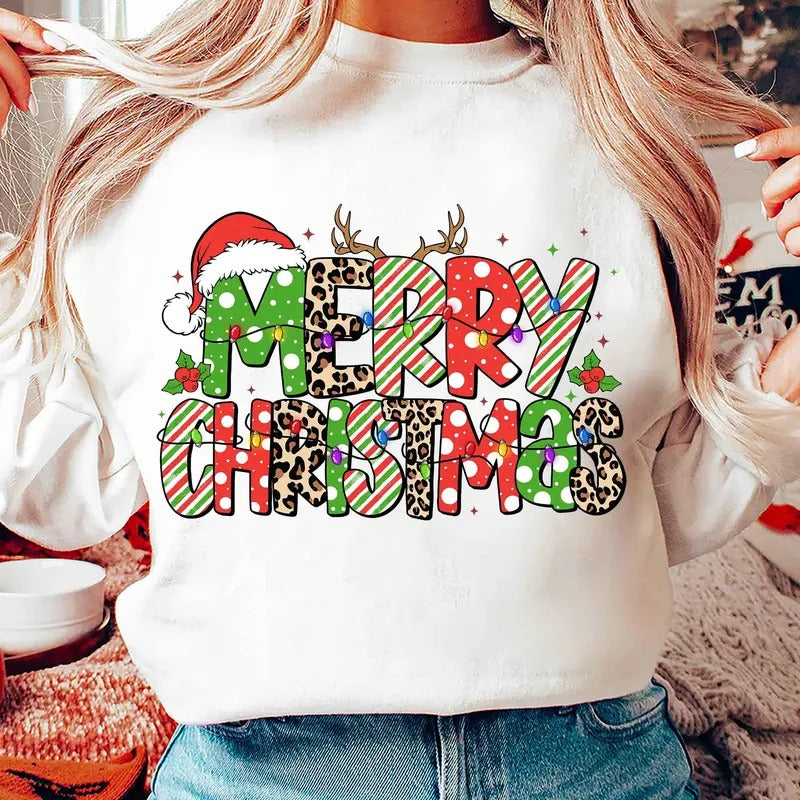 Merry Christmas Retro Leopard Reindeer Cozy Sweater, Christmas Shirt, Vintage Christmas Girly, Xmas Leopard Printed, Xmas Gift