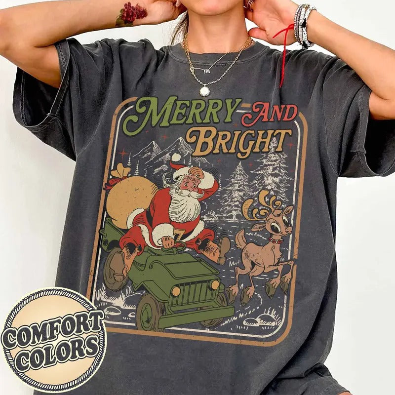 Merry and Bright Comfort Colors Shirt, Family Christmas Shirt, Retro Santa Claus Shirt, Xmas Tree Shirt, Classic Christmas, Holiday Gifts