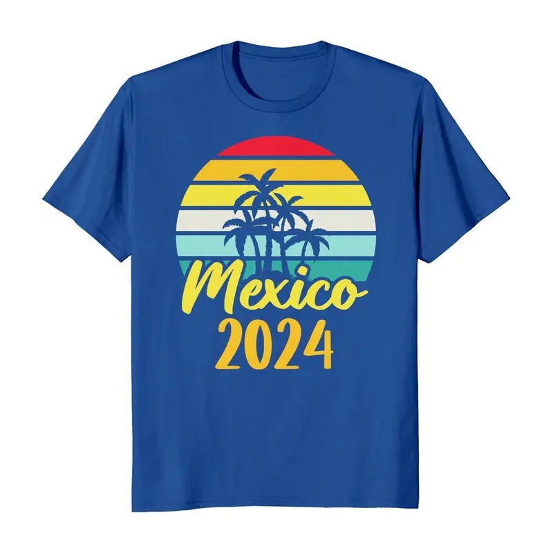 Mexico 2024 Vacation Trip Men's T-Shirt - Casual Crewneck Tee with Graphic Design Featuring Palm Trees and Sun Rays